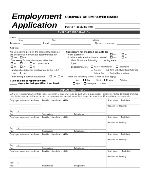 printable job application for employer