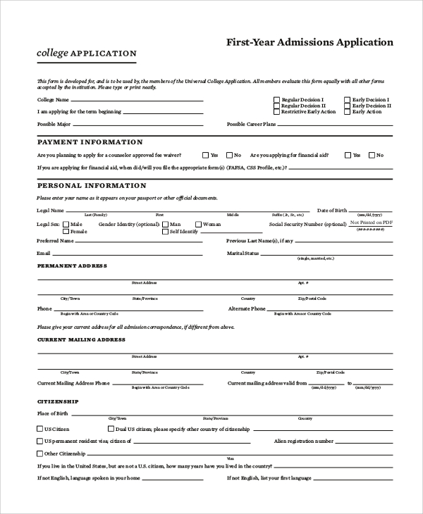 Printable Sample College Application Form Printable Forms Free Online