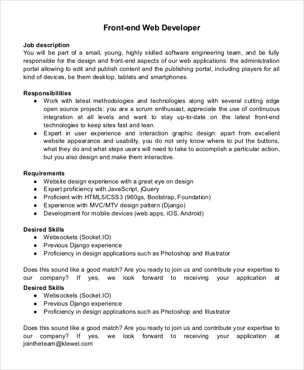 29 Javascript Developer Job Description