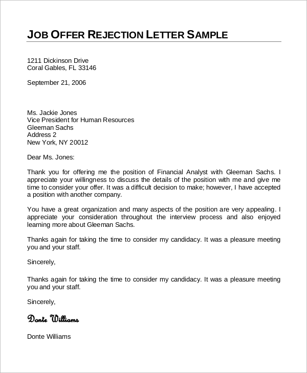 job offer rejection letter sample