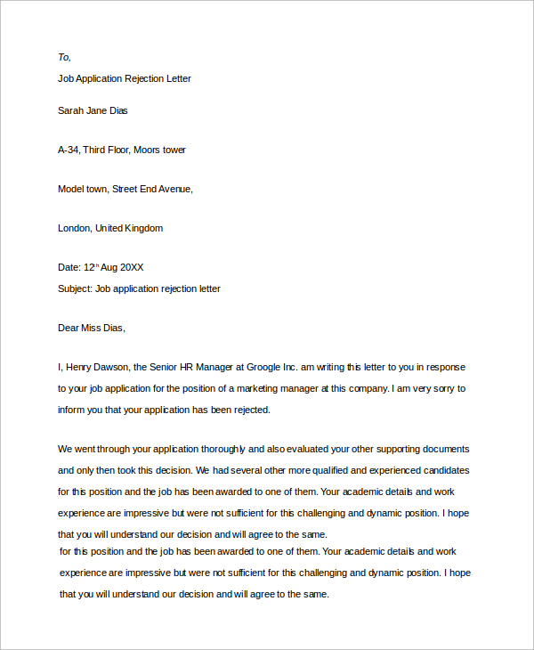 FREE 7+ Sample Job Rejection Letter Templates in MS Word | PDF