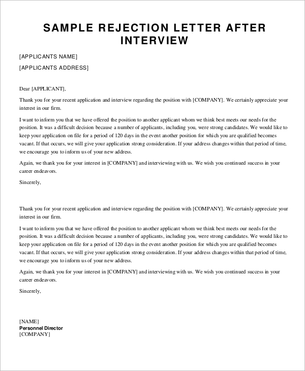 job rejection letter after interview