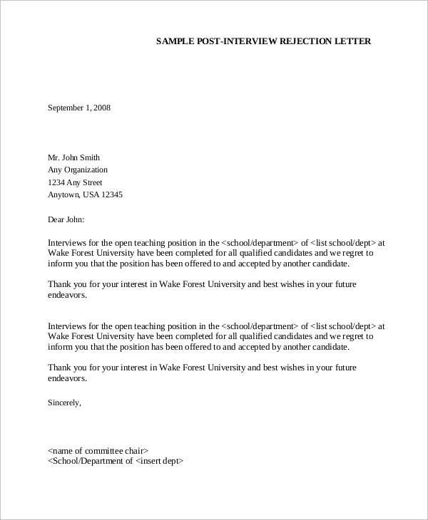 job post interview rejection letter pdf