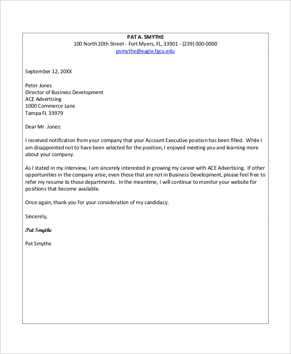 job rejection letter response example