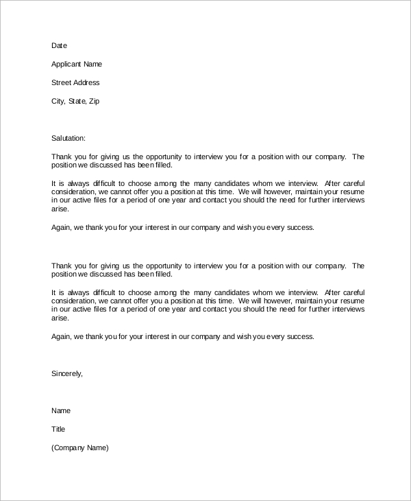 Sample job rejection letter due to salary