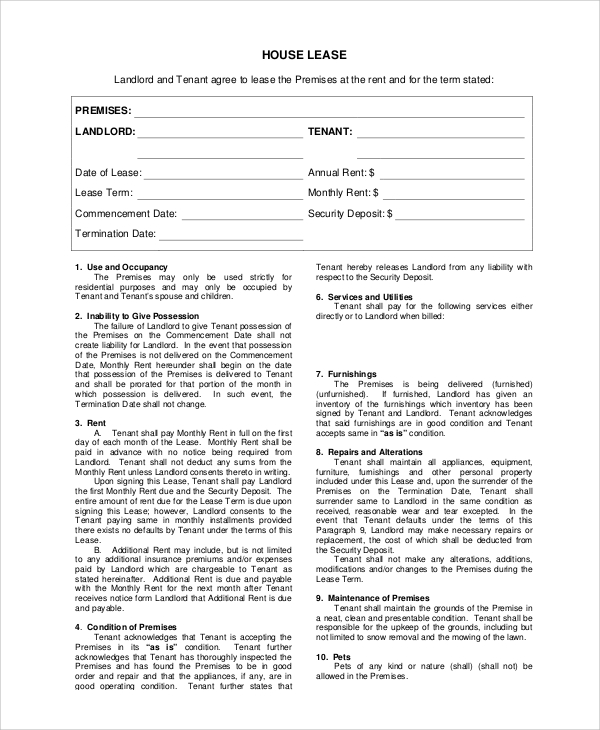 printable house lease agreement