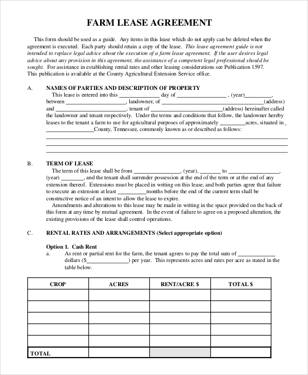 printable farm lease agreement