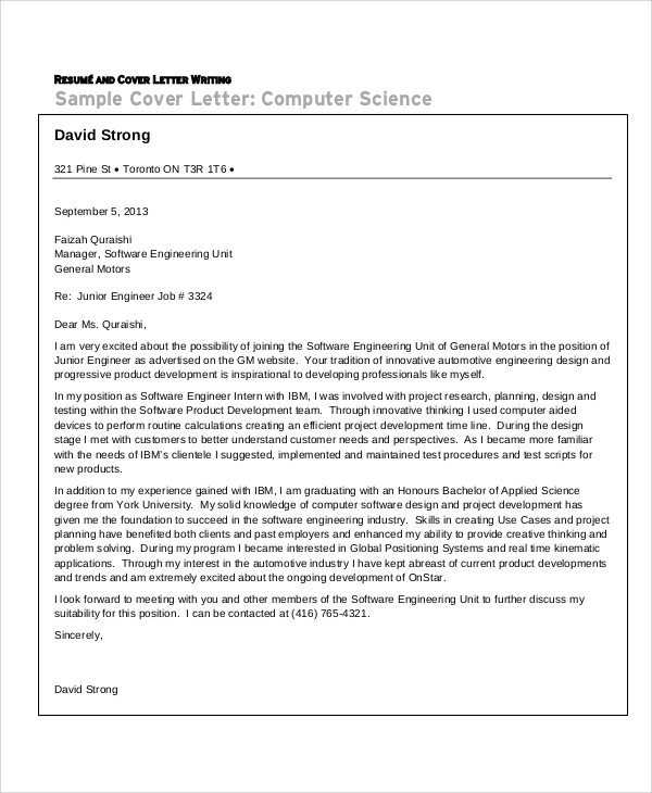 Sample cover letter for engineering position
