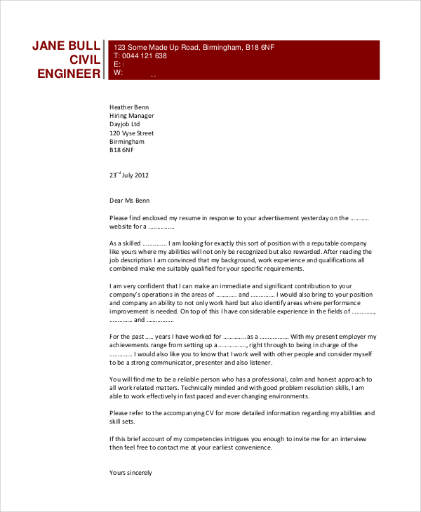 cover letter template for civil engineer