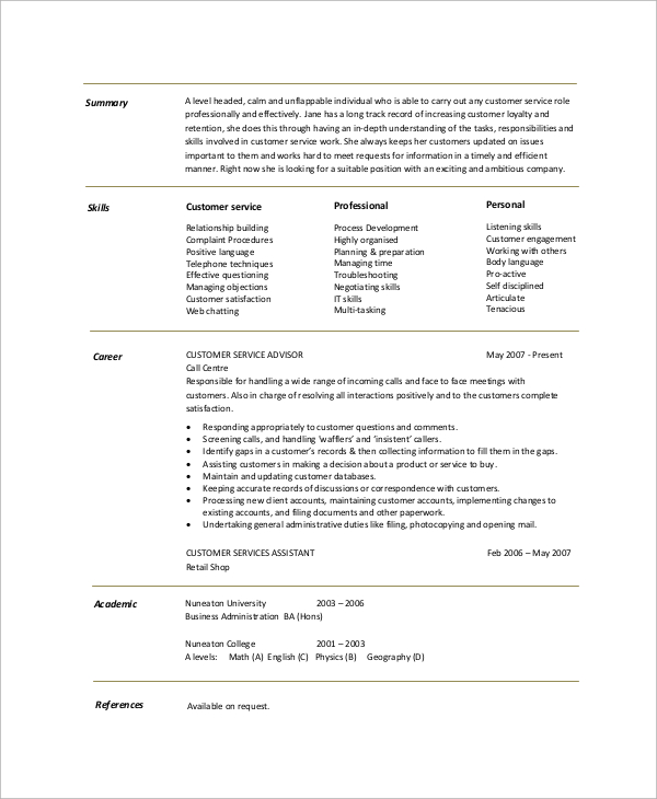 resume summary example for customer service