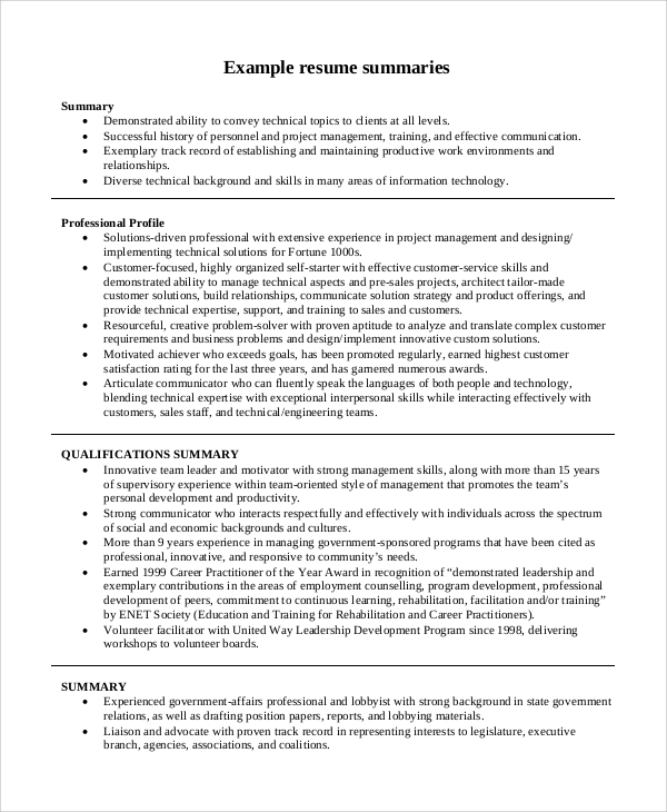 resume summary example 8 samples in word pdf