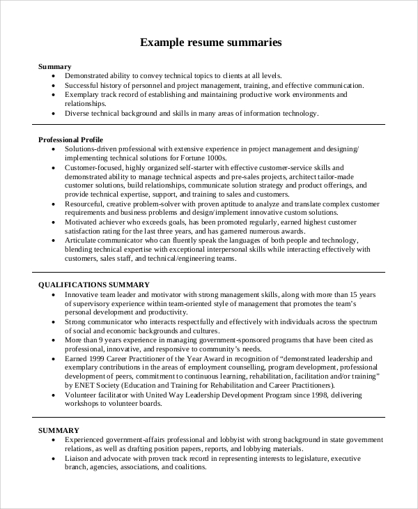 resume summary example skills