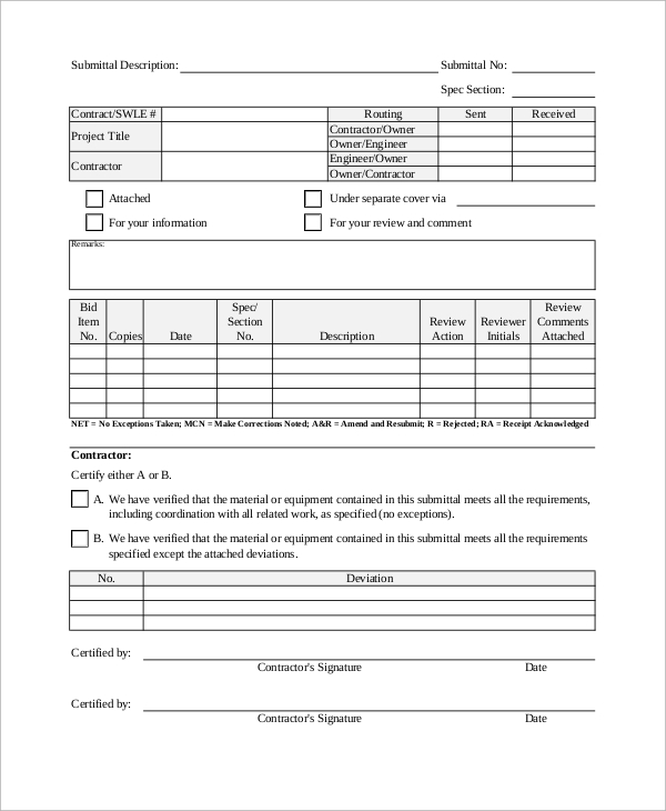 construction transmittal form template