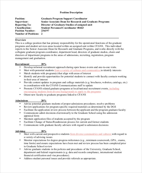 graduate program coordinator job description