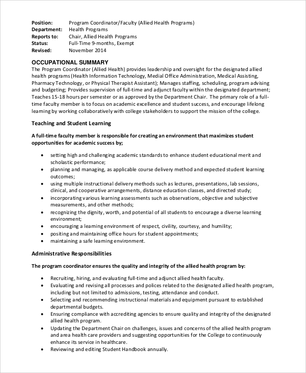 Free Sample Program Coordinator Job Description Templates In Pdf