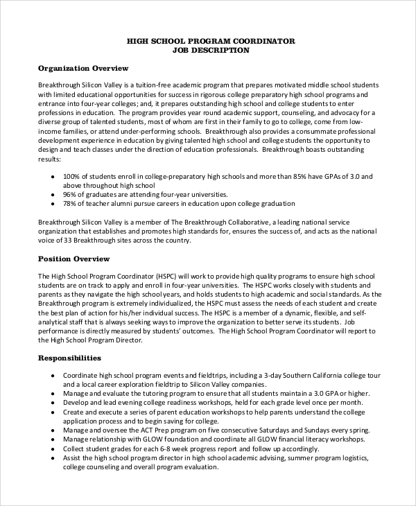 Free Sample Program Coordinator Job Description Templates In Pdf