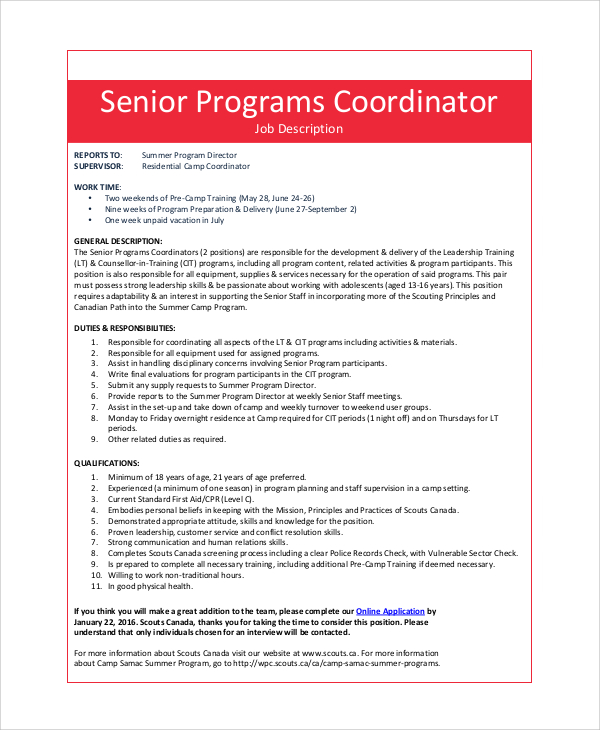 senior program coordinator job description
