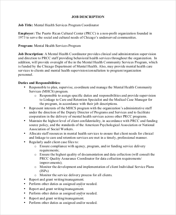 mental health program coordinator job description