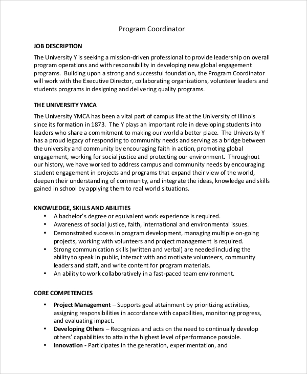 Program Coordinator Job Description Example