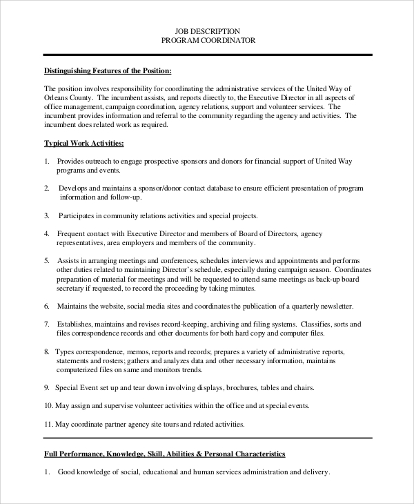 Program Description Template   Program Coordinator Job Description Sample 