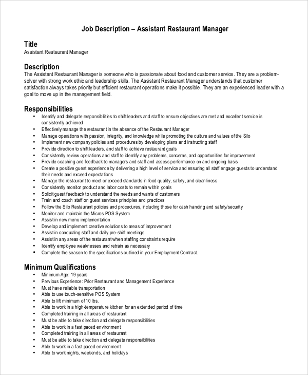 Restaurant Job Description For Resume Examples