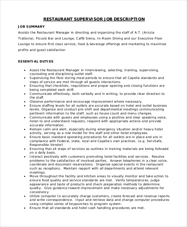 Restaurant Supervisor Job Description Sample 