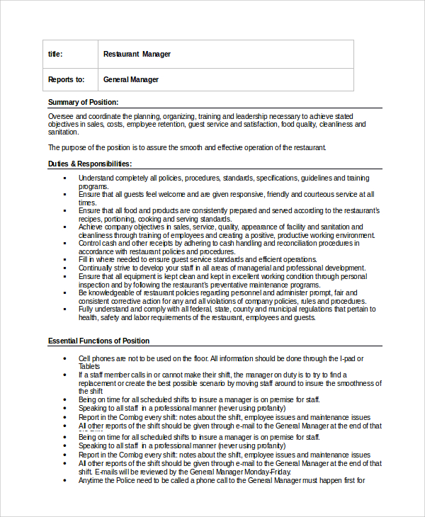 Restaurant manager job descriptions and duties