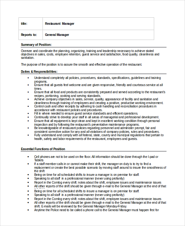 FREE 9+ Sample Restaurant Manager Job Description Templates in PDF MS