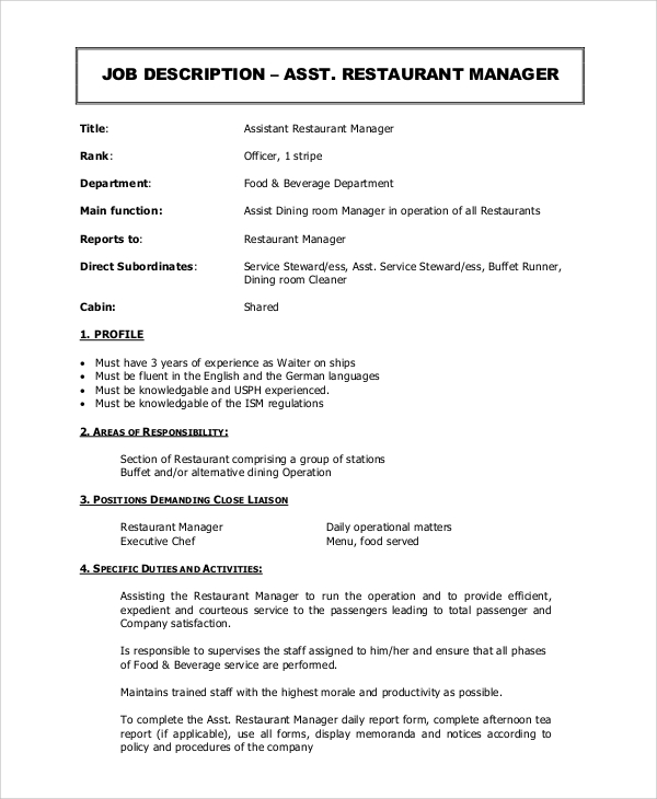 assistant general restaurant manager job description