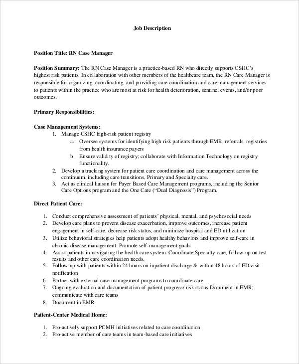 FREE 9 Sample RN Job Description Templates In PDF MS Word   RN Case Manager Job Description 