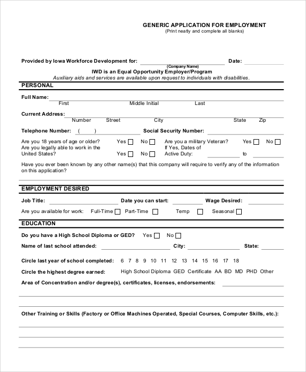 7 Free Printable Generic Job Application Form St Columbaretreat Generic Job Application 6960