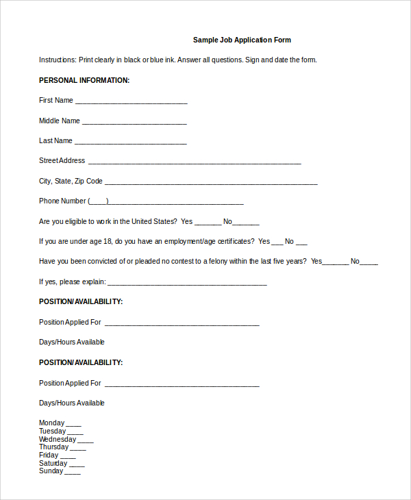 Printable Generic Job Application Form Pdf 5648