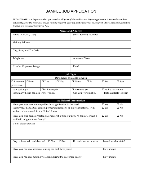 FREE 8  Sample Generic Job Application Templates in PDF