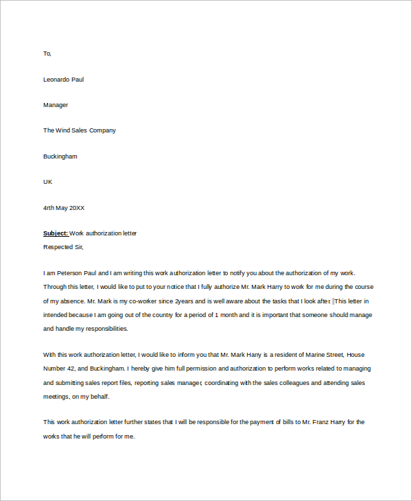 letter permission for employee format Sample   7 Authorization PDF Word, Letters Work