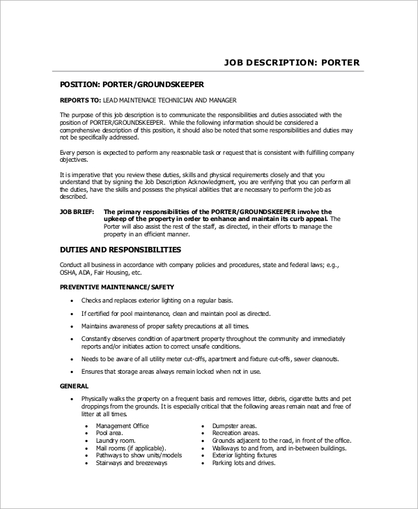 day porter job description for resume