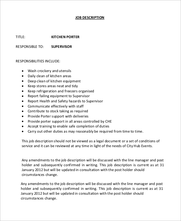 FREE 10 Sample Porter Job Description Samples In PDF MS Word   Kitchen Porter Job Description Sample 