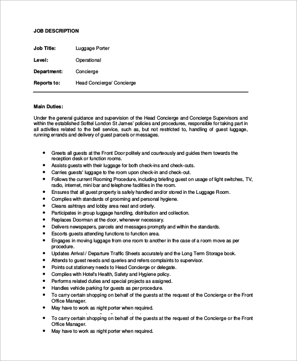 FREE 10 Sample Porter Job Description Samples In PDF MS Word