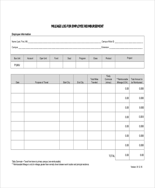 mileage log for employee reimbursement form