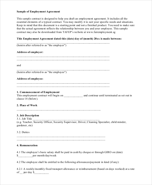 free 21 standard employment agreement samples in pdf ms word google docs pages