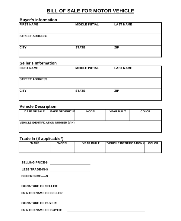 motor vehicle bill of sale form