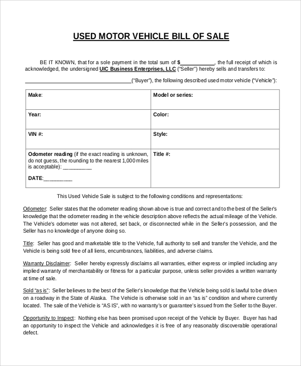 Basic Vehicle Bill Of Sale 2505