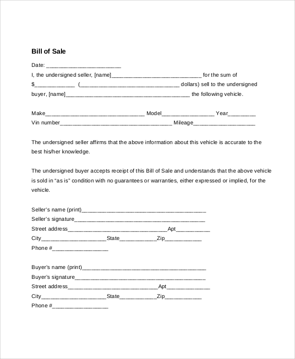 vehicle bill of sale template simple