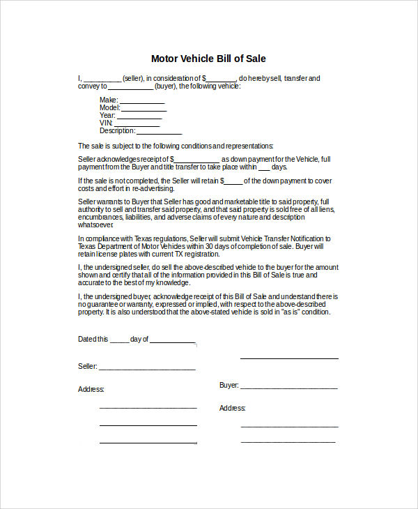 motor vehicle bill of sale in word