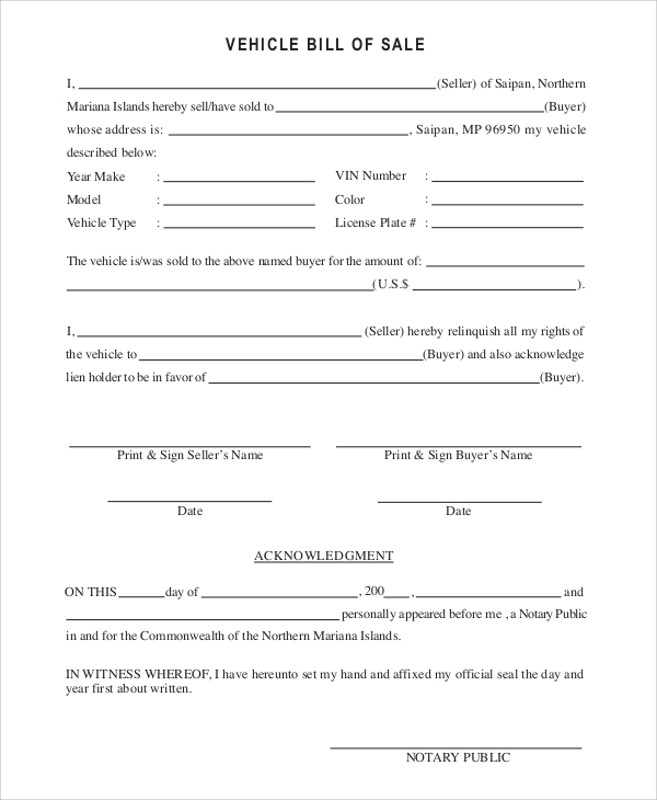 form for bill of sale of vehicle