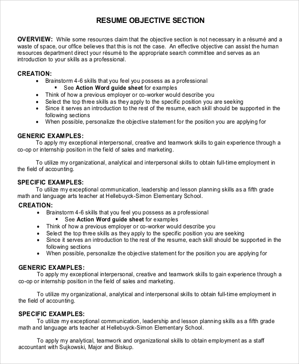 general resume objective section example