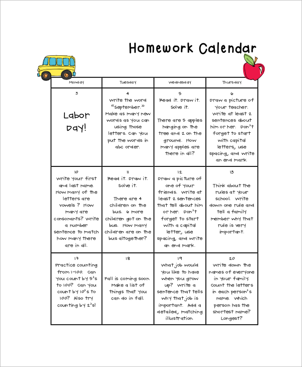 calendar homework sheet