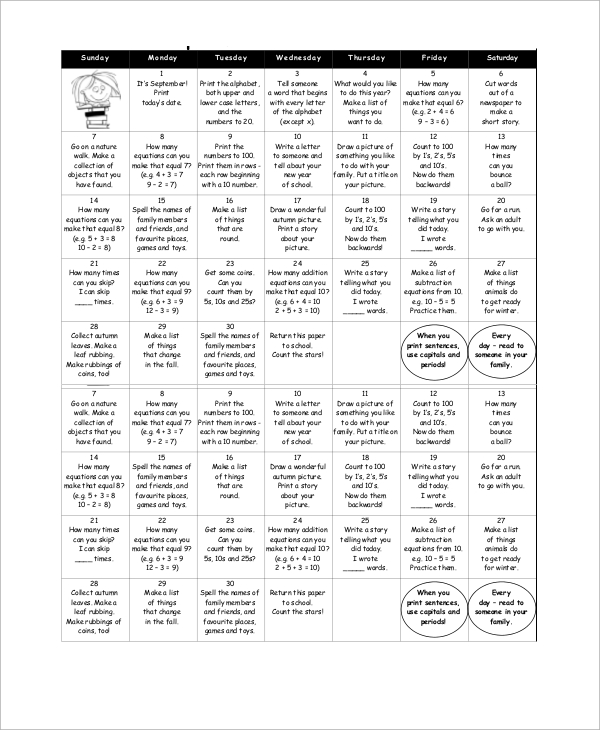 grade 2 homework calendar sample