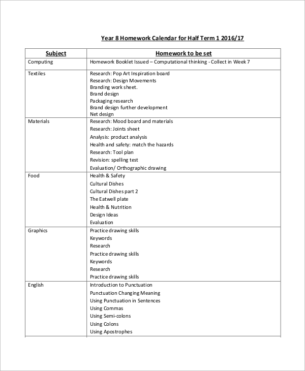 half term homework calendar