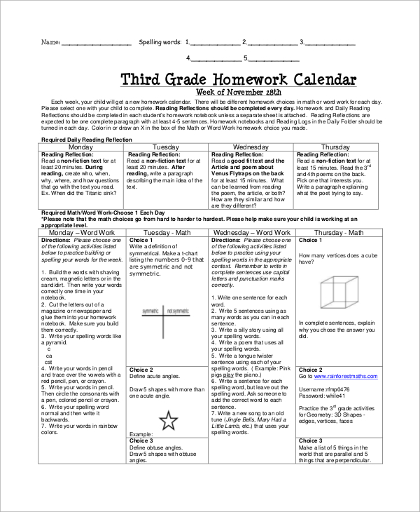 grade 3 homework calendar sample