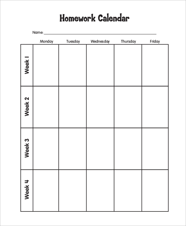 homework calendar printable